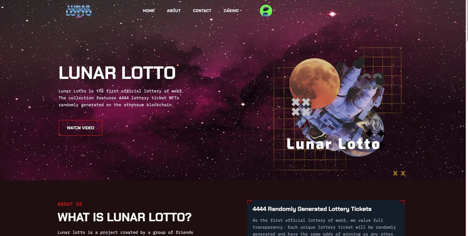 Website and casino games for Lunar Lotto NFT.